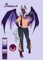 Size: 2865x4051 | Tagged: safe, artist:blackblood-queen, oc, oc only, oc:bianca, anthro, bat pony, unguligrade anthro, anthro oc, bat pony oc, clothes, digital art, ear piercing, fangs, female, hand on hip, mare, pants, pickpocket, pickpocketing, piercing, reference sheet, shirt, slit eyes, stealing, thief, wallet