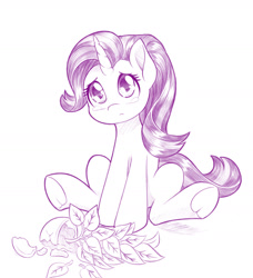 Size: 1280x1404 | Tagged: safe, artist:dstears, derpibooru import, phyllis, starlight glimmer, pony, unicorn, broken, crying, cute, female, glimmerbetes, mare, monochrome, phyllis no!, plant, potted plant, sad, sadorable, sitting, solo, teary eyes