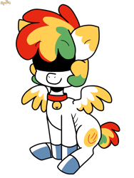 Size: 1272x1691 | Tagged: safe, artist:spritecranbirdie, derpibooru import, oc, oc:al kohal, pegasus, pony, :), anorexic, bell, bell collar, collar, covered eyes, cutie mark, male, multicolored hair, simple background, sitting, smiling, solo, transparent background, unshorn fetlocks