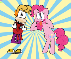 Size: 2636x2200 | Tagged: safe, artist:spritecranbirdie, derpibooru import, pinkie pie, earth pony, pony, collaboration, bipedal, cross-eyed, crossover, cutie mark, duo, female, funny face, male, rayman, tongue out