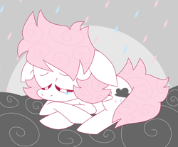 Size: 1540x1278 | Tagged: safe, artist:spritecranbirdie, derpibooru import, oc, oc:cotton, pegasus, pony, cloud, crying, cutie mark, eyes closed, female, filly, raincloud, sad, solo, stormcloud