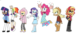 Size: 8904x3970 | Tagged: safe, artist:spritecranbirdie, derpibooru import, applejack, fluttershy, pinkie pie, rainbow dash, rarity, sci-twi, sunset shimmer, twilight sparkle, human, equestria girls, :p, accessories, applejack's hat, clothes, converse, cowboy hat, dark skin, dress, female, glasses, gloves, group, hat, hoodie, humane five, humane seven, humane six, humanized, makeup, pale skin, pants, redesign, shoes, shorts, simple background, tongue out, transparent background, wristband