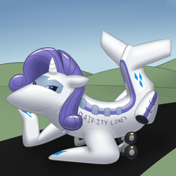 Size: 2000x2000 | Tagged: safe, artist:balloon-quilava, derpibooru import, rarity, inflatable pony, original species, plane pony, commission, fetish, inanimate tf, inflatable, looking at you, not salmon, plane, planeified, pool toy, pose, smiling, species swap, transformation, wat