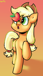 Size: 884x1553 | Tagged: safe, artist:spritecranbirdie, derpibooru import, applejack, earth pony, pony, apple, applejack's hat, clothes, cowboy hat, cutie mark, female, food, fruit, hat, ponies balancing stuff on their nose, solo, that pony sure does love apples