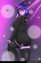 Size: 1141x1761 | Tagged: safe, artist:clouddg, derpibooru import, twilight sparkle, equestria girls, alternate hairstyle, ass, breasts, butt, clothes, goth, headlight sparkle, looking at you, nail polish, punklight sparkle, stockings, thigh highs, twibutt