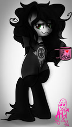 Size: 698x1229 | Tagged: safe, artist:amgiwolf, derpibooru import, oc, oc only, oc:amgi, earth pony, semi-anthro, clothes, coffee, earth pony oc, female, hoof fluff, hoof hold, messy mane, morning ponies, mug, signature, solo, wavy mouth