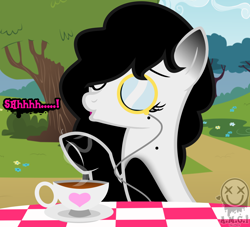 Size: 1976x1796 | Tagged: safe, artist:amgiwolf, derpibooru import, oc, oc only, oc:amgi, earth pony, pony, bust, coffee, cup, earth pony oc, eyelashes, eyes closed, female, mare, monocle, outdoors, shhh, solo, teacup, tree, underhoof