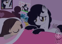 Size: 836x586 | Tagged: safe, artist:amgiwolf, derpibooru import, oc, oc only, oc:amgi, oc:huny, earth pony, pony, bed, blanket, coat markings, earth pony oc, eyelashes, eyes closed, female, filly, indoors, mare, mother and child, mother and daughter, parent and child, pillow, signature, sleeping, smiling, socks (coat marking)