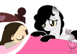 Size: 836x586 | Tagged: safe, alternate version, artist:amgiwolf, derpibooru import, oc, oc only, oc:amgi, oc:huny, earth pony, pony, background removed, bed, blanket, coat markings, earth pony oc, eyelashes, eyes closed, female, filly, mare, mother and child, mother and daughter, parent and child, pillow, signature, simple background, sleeping, smiling, socks (coat marking), transparent background
