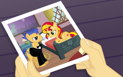 Size: 1700x1062 | Tagged: safe, artist:dashiesparkle, artist:grapefruitface1, artist:yuandnichigopictures, derpibooru import, flash sentry, sunset shimmer, pony, bedroom eyes, bowtie, clothes, female, flashimmer, hand, hotel room, looking at each other, male, photo, shipping, standing, straight, tuxedo