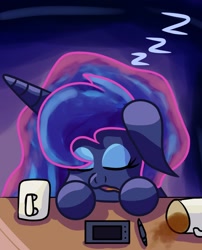 Size: 1036x1280 | Tagged: safe, artist:superhypersonic2000, derpibooru import, princess luna, alicorn, pony, digital art, ears, eyes closed, female, floppy ears, horn, mare, mug, onomatopoeia, sleeping, snoring, solo, sound effects, zzz