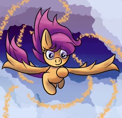 Size: 1280x1244 | Tagged: safe, artist:superhypersonic2000, derpibooru import, scootaloo, pegasus, pony, cloud, digital art, female, flying, mare, scootaloo can fly, sky, spread wings, wings