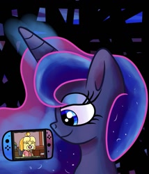 Size: 1097x1280 | Tagged: safe, artist:superhypersonic2000, derpibooru import, princess luna, alicorn, dog, pony, animal crossing, bedroom eyes, digital art, female, glowing horn, horn, isabelle, magic, mare, nintendo switch, smiling, solo, video game