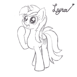 Size: 1200x1200 | Tagged: safe, artist:dafiltafish, derpibooru import, lyra heartstrings, pony, unicorn, black and white, grayscale, happy, monochrome, simple background, sketch, solo, text, white background