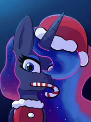 Size: 953x1280 | Tagged: safe, artist:superhypersonic2000, derpibooru import, princess luna, alicorn, pony, candy, candy cane, christmas, clothes, costume, digital art, female, food, hat, holiday, horn, looking at you, mare, mouth hold, santa costume, santa hat, solo