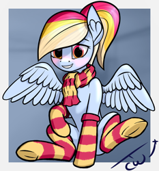 Size: 1300x1393 | Tagged: safe, alternate version, artist:colourwave, derpibooru import, oc, oc only, oc:colourwave, pegasus, pony, blushing, clothes, cute, female, frog (hoof), looking at you, mare, not rainbow dash, ponytail, scarf, signature, sitting, smiling, socks, solo, stockings, striped socks, thigh highs, underhoof, wings