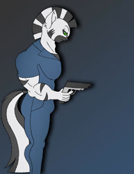 Size: 1024x1326 | Tagged: safe, artist:shadowthedarkninja, derpibooru import, oc, oc only, anthro, zebra, clothes, commission, digital art, gun, handgun, looking at you, male, side view, simple background, solo, zebra oc