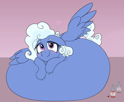 Size: 2358x1950 | Tagged: safe, artist:comfyplum, artist:tai kai, derpibooru import, edit, oc, oc:comfy pillow, pegasus, pony, belly, belly bed, big belly, bottle, female, huge belly, impossibly large belly, inflation, looking at you, solo, solo female, wings