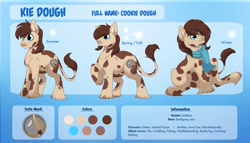 Size: 7000x4000 | Tagged: safe, artist:taylor made, derpibooru import, oc, oc:kie dough, cow, cow pony, earth pony, hybrid, pony, chubby, clothes, cow tail, male, pinto, reference sheet, scarf, stallion, unshorn fetlocks, weight gain