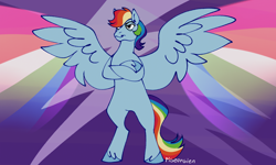 Size: 1500x900 | Tagged: safe, artist:pigeorgien, derpibooru import, rainbow dash, pegasus, pony, bipedal, crossed hooves, female, forelegs crossed, lightning, mare, rainbow, solo, spread wings, wings