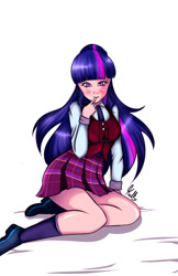 Size: 550x850 | Tagged: safe, artist:kulkry, derpibooru import, sci-twi, twilight sparkle, human, blushing, clothes, crystal prep academy uniform, humanized, loose hair, missing accessory, no glasses, school uniform, shoes, simple background, socks, solo, white background