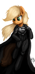 Size: 1080x2250 | Tagged: safe, artist:raphaeldavid, derpibooru import, applejack, earth pony, semi-anthro, app-el, cape, clothes, crossover, dc comics, flying, looking down, signature, simple background, solo, superman, supermare, unamused, white background