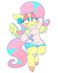 Size: 966x1218 | Tagged: safe, artist:creepincrawl, derpibooru import, fluttershy, anthro, pegasus, pony, unguligrade anthro, blushing, clothes, cute, ears, female, floppy ears, shorts, shyabetes, simple background, smiling, solo, sweater, sweatershy, turtleneck, white background