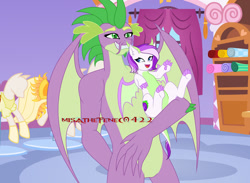 Size: 1280x936 | Tagged: safe, artist:theumbramistress, derpibooru import, spike, oc, oc:amethyst, dracony, dragon, hybrid, carousel boutique, father and child, father and daughter, female, interspecies offspring, male, obtrusive watermark, offspring, older, older spike, parent and child, parent:rarity, parent:spike, parents:sparity, watermark, winged spike