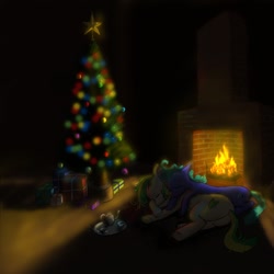 Size: 1200x1200 | Tagged: artist needed, safe, derpibooru import, oc, oc only, earth pony, pony, christmas, christmas tree, female, fireplace, holiday, mare, tree