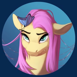 Size: 1200x1200 | Tagged: safe, artist:silentwulv, derpibooru import, fluttershy, butterfly, pegasus, pony, bust, circle, crying, ears, female, floppy ears, looking at something, looking up, mare, portrait, sad, solo, teary eyes, three quarter view