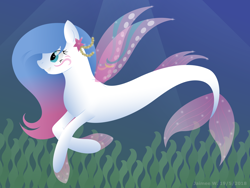 Size: 2816x2112 | Tagged: safe, artist:lavenderrain24, derpibooru import, oc, oc only, merpony, seapony (g4), blue eyes, clothes, crepuscular rays, deviantart watermark, dorsal fin, female, fin wings, fins, fish tail, flowing mane, flowing tail, obtrusive watermark, ocean, seaweed, see-through, smiling, solo, starfish, swimming, tail, underwater, water, watermark, wings