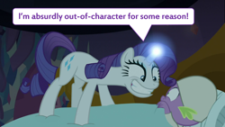 Size: 2000x1125 | Tagged: safe, derpibooru import, edit, edited screencap, screencap, rarity, spike, dragon, pony, unicorn, dragon dropped, bed, clothes, creepy, creepy smile, female, glowing horn, horn, male, mare, out of character, pajamas, reference, smiling, speech bubble, winged spike, wtpony