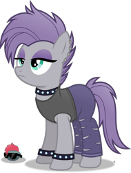 Size: 2862x3758 | Tagged: safe, artist:anime-equestria, derpibooru import, boulder (pet), maud pie, earth pony, alternate hairstyle, armband, clothes, collar, ear piercing, eyeshadow, female, makeup, mare, pants, piercing, punk, ripped pants, rock, shirt, simple background, solo, sunglasses, torn clothes, transparent background, vector