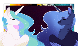 Size: 1280x760 | Tagged: safe, artist:softlunardreams, derpibooru import, princess celestia, princess luna, alicorn, pony, duo, eyes closed, female, mare, royal sisters, siblings, sisters