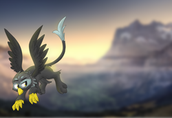 Size: 1280x873 | Tagged: safe, artist:pzkratzer, derpibooru import, thunderlane, griffon, flying, griffonized, looking back, mountain, species swap