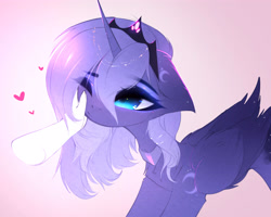 Size: 4004x3200 | Tagged: safe, artist:magnaluna, derpibooru import, princess luna, alicorn, pony, chest fluff, crown, cute, daaaaaaaaaaaw, disembodied hand, ears, female, filly, floppy ears, gradient background, hand, heart, jewelry, looking at you, lunabetes, mare, offscreen character, one eye closed, petting, regalia, solo focus, woona, younger