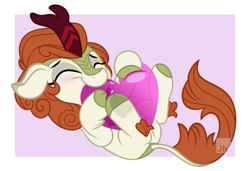 Size: 1109x758 | Tagged: safe, artist:jhayarr23, derpibooru import, autumn blaze, kirin, awwtumn blaze, balloon, blushing, cute, eyes closed, female, happy, heart, heart balloon, kirinbetes, nibbling, solo, underhoof, weapons-grade cute