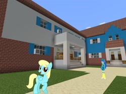 Size: 2048x1536 | Tagged: safe, artist:greendwarf333, artist:topsangtheman, derpibooru import, blueberry cake, sassaflash, pegasus, pony, topsangtheman's minecraft server, equestria girls, house, looking at you, minecraft, traditional art