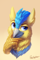 Size: 2000x3000 | Tagged: safe, artist:jedayskayvoker, derpibooru import, oc, oc:darkeng, hippogriff, bust, emoji, fluffy, gradient background, hmm, icon, portrait, thinking, thinking emoji