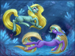 Size: 1600x1200 | Tagged: safe, artist:scheadar, derpibooru import, oc, oc only, fish, pony, bubble, commission, crepuscular rays, duo, eyelashes, female, flowing mane, flowing tail, glow, looking at someone, looking up, ocean, open mouth, pink eyes, purple eyes, scales, seaweed, smiling, swimming, teeth, tongue out, underwater, water