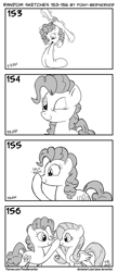 Size: 1320x3035 | Tagged: safe, artist:pony-berserker, derpibooru import, fluttershy, pinkie pie, earth pony, pegasus, pony, boop, licking, monochrome, one eye closed, self-boop, tongue out, wink