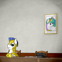 Size: 3000x3000 | Tagged: safe, artist:uteuk, derpibooru import, princess celestia, alicorn, pony, armor, bust, guard, meme, phone, ponified meme, portrait, royal guard, stool, table