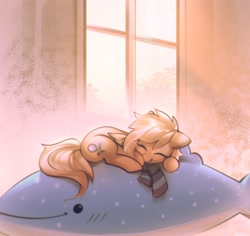 Size: 2204x2077 | Tagged: safe, artist:mirroredsea, derpibooru import, oc, oc only, oc:mirta whoowlms, pegasus, pony, clothes, eyes closed, female, indoors, mare, plushie, scarf, sleeping, smiling, solo, window