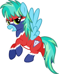 Size: 706x884 | Tagged: safe, artist:pegasski, derpibooru import, oc, oc only, pegasus, pony, base used, clothes, costume, eyelashes, female, grin, mare, pegasus oc, power ponies oc, rearing, simple background, smiling, solo, transparent background, wings
