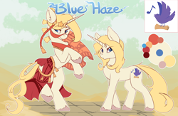 Size: 4284x2795 | Tagged: safe, alternate version, artist:beardie, derpibooru import, oc, oc only, oc:blue haze, pony, unicorn, bard, blonde, blonde mane, blonde tail, blue eyes, clothes, cloud, dress, dungeons and dragons, fantasy class, female, horn, jewelry, mare, name, pathfinder, pen and paper rpg, persian, ponyfinder, reference sheet, rpg, simple background