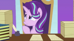 Size: 800x450 | Tagged: safe, artist:agrol, derpibooru import, starlight glimmer, unicorn, animated, book, chair, choose your wings, inkwell, paper, quill pen, smiling, solo, table, thinking, writing