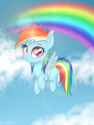 Size: 768x1024 | Tagged: safe, artist:delfinaluther, derpibooru import, rainbow dash, pegasus, pony, sonic rainboom (episode), blank flank, cloud, female, filly, filly rainbow dash, flying, lens flare, looking at you, rainbow, sky, sky background, smiling, solo, spread wings, three quarter view, wings, younger
