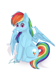 Size: 768x1024 | Tagged: safe, artist:delfinaluther, derpibooru import, rainbow dash, pegasus, pony, blushing, chest fluff, cute, female, mare, simple background, sitting, solo, white background
