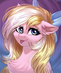 Size: 2750x3300 | Tagged: safe, artist:hakaina, derpibooru import, oc, oc only, oc:bay breeze, pegasus, pony, :p, bow, cheek fluff, chest fluff, cute, ear fluff, ears, female, hair bow, mare, ocbetes, simple background, solo, solo female, tongue out