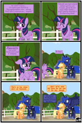 Size: 1600x2379 | Tagged: safe, artist:gutovi, derpibooru import, applejack, princess luna, twilight sparkle, twilight sparkle (alicorn), alicorn, earth pony, pony, comic:why me!?, alternate ending, bedroom eyes, blushing, comic, ears, female, floppy ears, hat, lesbian, lunajack, shipping, show accurate, sweet apple acres, tree